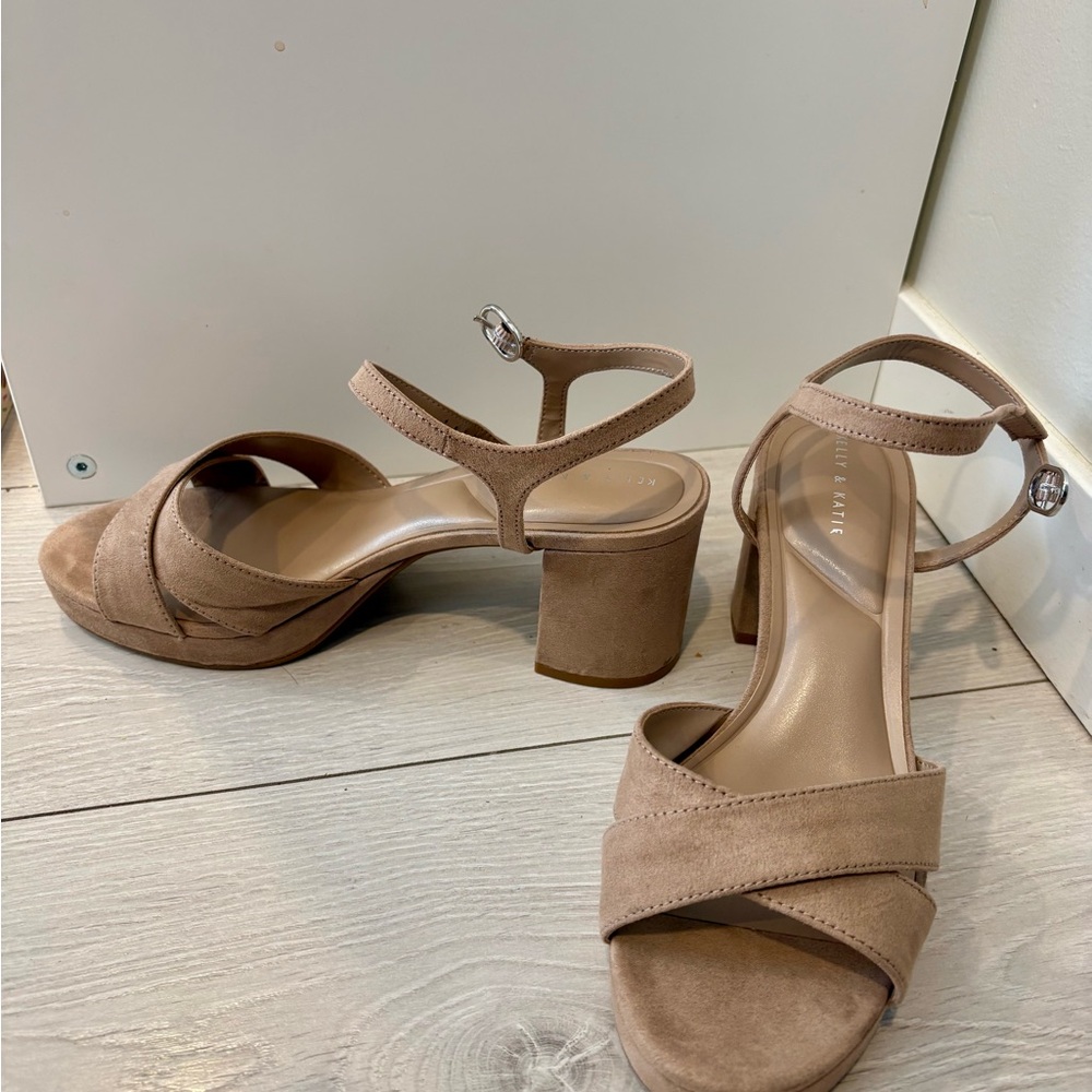 Kelly & Katie Taupe Suede Block Heel Ankle Strap Sandals